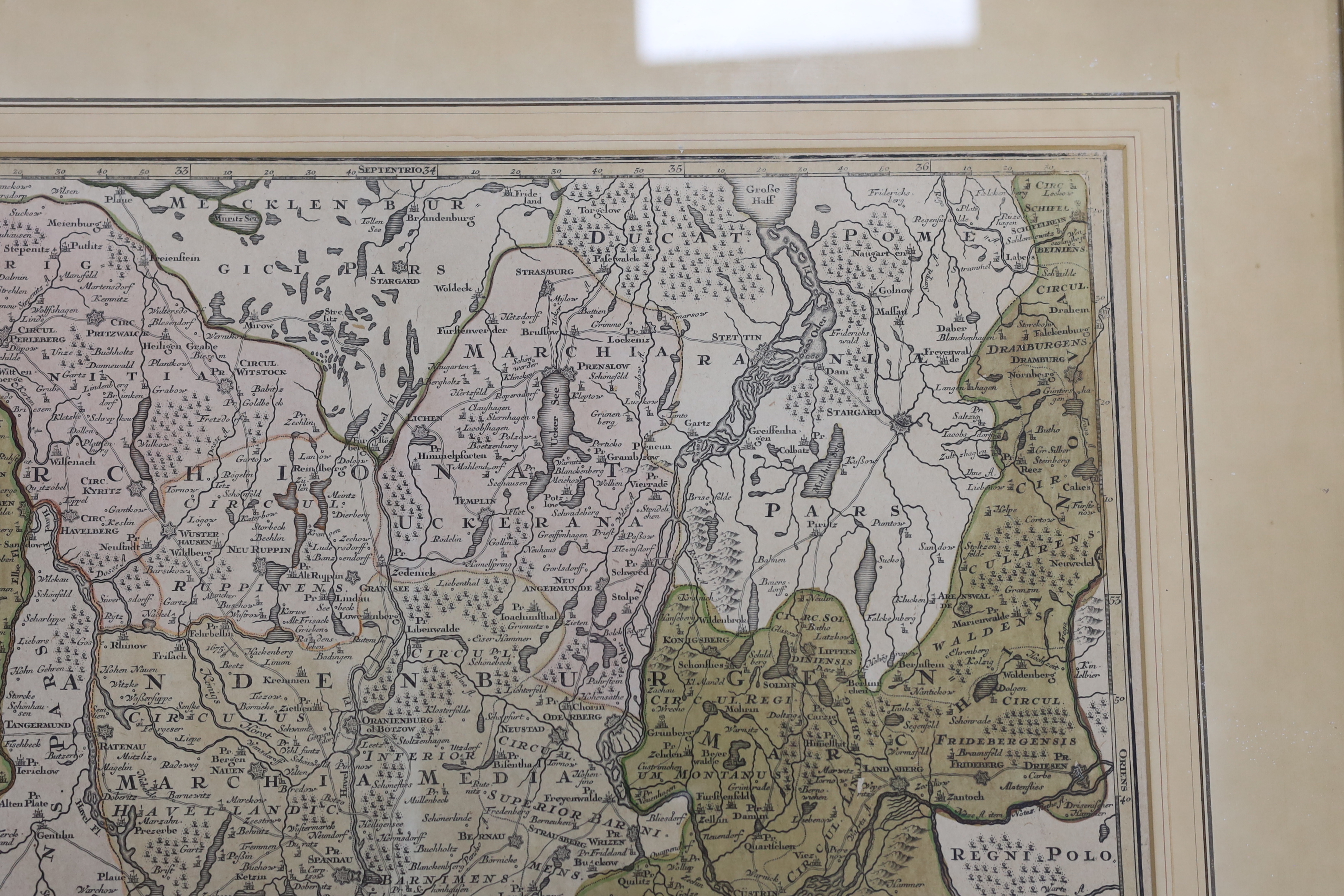 A framed hand coloured engraving, Map of Brandenburg, by Mattheus Seutter, c.1730, 57 x 50cm